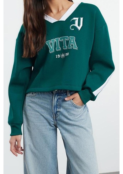 Kadın Moda Şık Oversize V Yaka Düşük Kol Crop Geniş Kalıp Crop Kalın Örme Sweatshirt