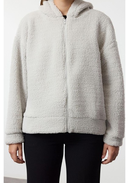 Kadın Moda Regular Kapüşonlu Düşük Kol Regular Peluş Normal Kalıp Fermuarlı Kalın Örme Sweatshirt