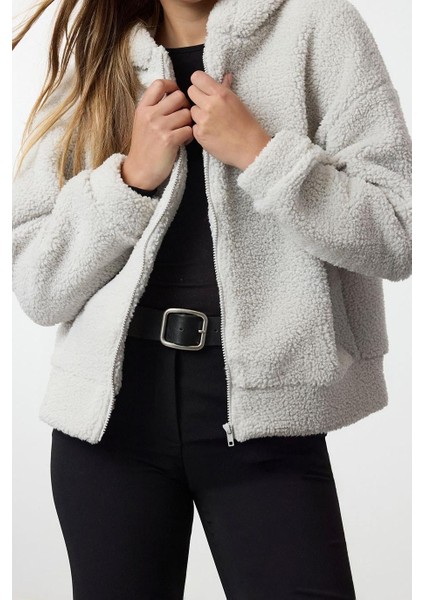 Kadın Moda Regular Kapüşonlu Düşük Kol Regular Peluş Normal Kalıp Fermuarlı Kalın Örme Sweatshirt