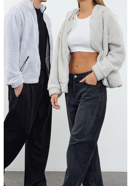 Kadın Moda Regular Kapüşonlu Düşük Kol Regular Peluş Normal Kalıp Fermuarlı Kalın Örme Sweatshirt