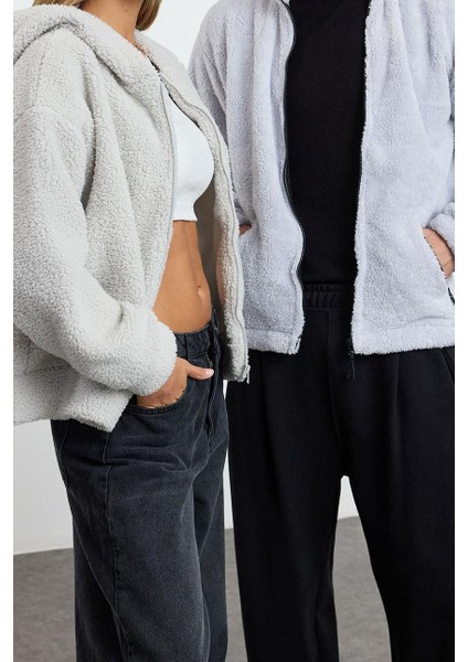 Kadın Moda Regular Kapüşonlu Düşük Kol Regular Peluş Normal Kalıp Fermuarlı Kalın Örme Sweatshirt