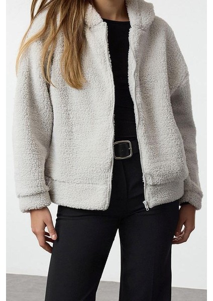 Kadın Moda Regular Kapüşonlu Düşük Kol Regular Peluş Normal Kalıp Fermuarlı Kalın Örme Sweatshirt