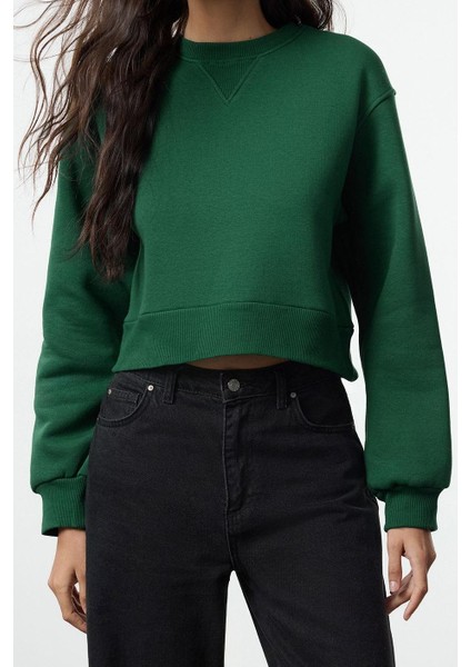 Kadın Bisiklet Yaka Düşük Kol Crop Kalın Polarlı Geniş Kalıp Crop Basic Örme Sweatshirt