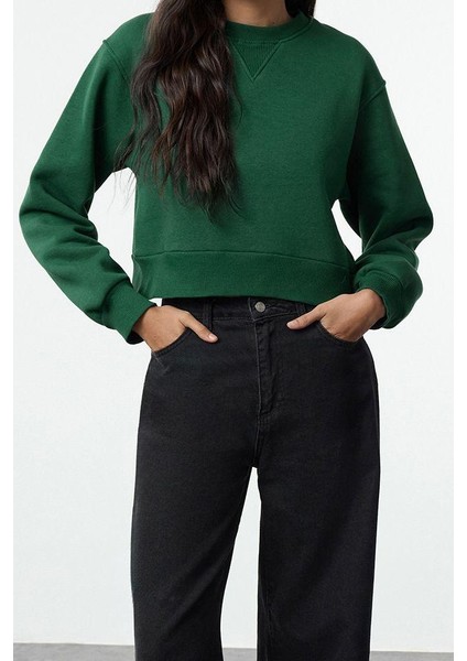 Kadın Bisiklet Yaka Düşük Kol Crop Kalın Polarlı Geniş Kalıp Crop Basic Örme Sweatshirt