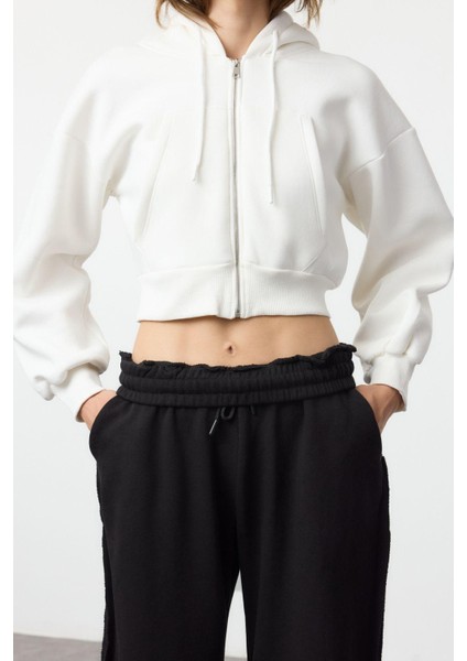 Kadın Moda Şık Regular Kapüşonlu Düşük Kol Crop Normal Kalıp Kalın Içi Polarlı Örme Sweatshirt