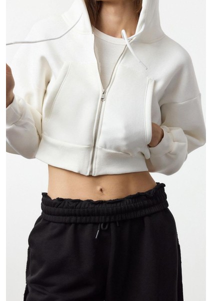 Kadın Moda Şık Regular Kapüşonlu Düşük Kol Crop Normal Kalıp Kalın Içi Polarlı Örme Sweatshirt fiyatları