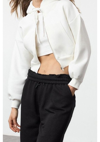 Kadın Moda Şık Regular Kapüşonlu Düşük Kol Crop Normal Kalıp Kalın Içi Polarlı Örme Sweatshirt modelleri