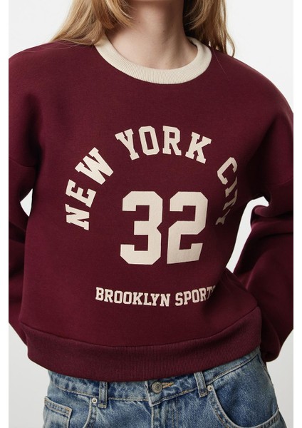 Kadın Oversize Bisiklet Yaka Düşük Kol Crop Slogan Geniş Kalıp Kalın Içi Polarlı Örme Sweatshirt fiyatları