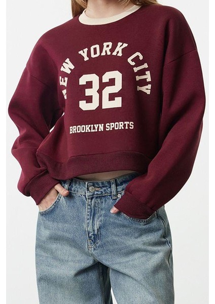 Kadın Oversize Bisiklet Yaka Düşük Kol Crop Slogan Geniş Kalıp Kalın Içi Polarlı Örme Sweatshirt modelleri