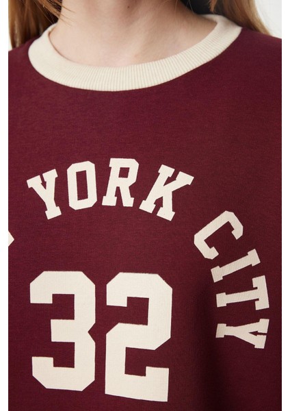 Kadın Oversize Bisiklet Yaka Düşük Kol Crop Slogan Geniş Kalıp Kalın Içi Polarlı Örme Sweatshirt fırsatları
