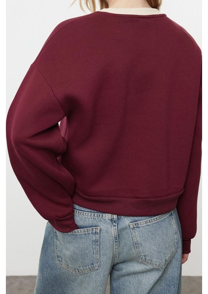 Kadın Oversize Bisiklet Yaka Düşük Kol Crop Slogan Geniş Kalıp Kalın Içi Polarlı Örme Sweatshirt indirimleri