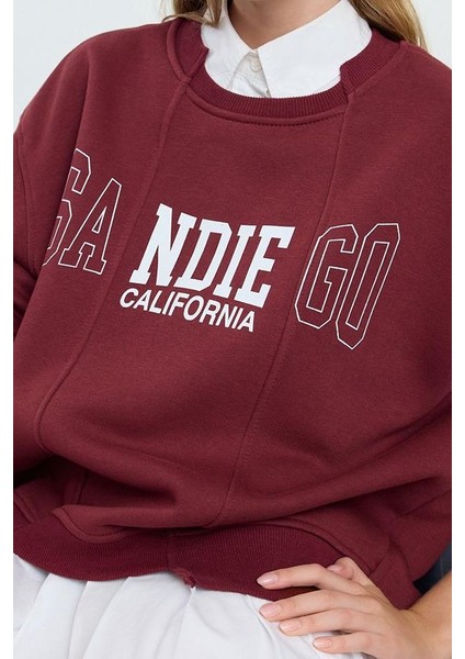 Kadın Relaxed Bisiklet Yaka Düşük Kol Uzun Slogan Baskılı Geniş Kalıp Etek Ucu Örme Sweatshirt fiyatları