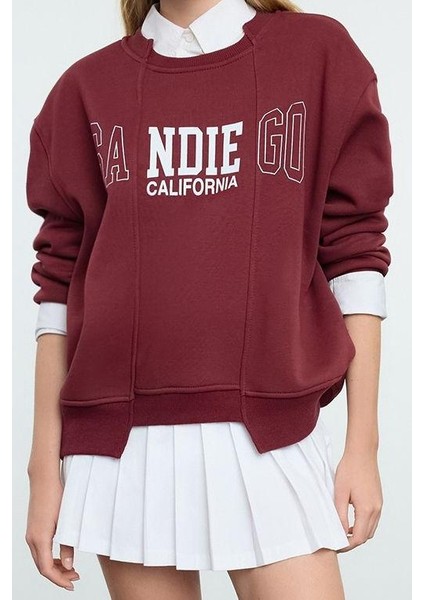 Kadın Relaxed Bisiklet Yaka Düşük Kol Uzun Slogan Baskılı Geniş Kalıp Etek Ucu Örme Sweatshirt modelleri