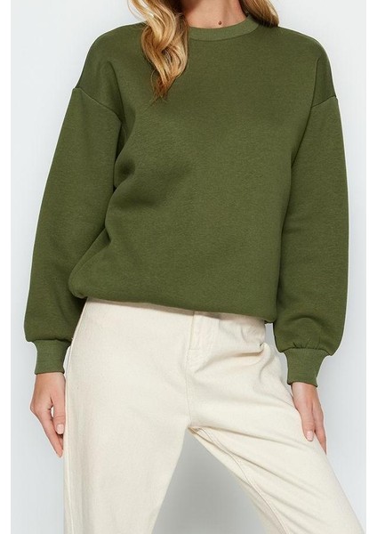 Kadın Regular Bisiklet Yaka Düşük Kol Regular Kalın Içi Polarlı Normal Kalıp Basic Örme Sweatshirt