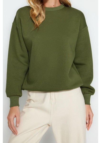 Kadın Regular Bisiklet Yaka Düşük Kol Regular Kalın Içi Polarlı Normal Kalıp Basic Örme Sweatshirt