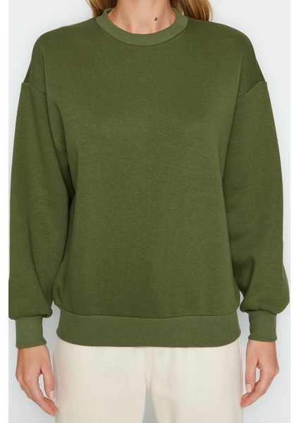 Kadın Regular Bisiklet Yaka Düşük Kol Regular Kalın Içi Polarlı Normal Kalıp Basic Örme Sweatshirt