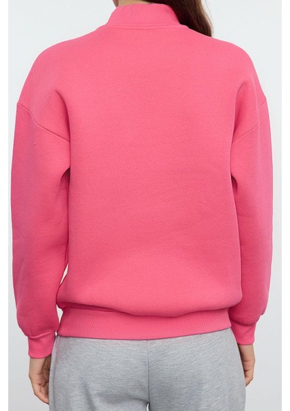 Kadın Dik Yaka Düşük Kol Kalın Içi Polarlı Slogan Nakışlı Normal Kesim Örme Sweatshirt indirimleri