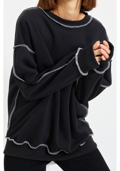 Kadın Bol Bisiklet Yaka Düşük Kol Uzun Normal Kalıp Karyoka Dikişli Kalın Polarlı Örme Sweatshirt