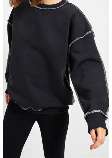 Kadın Bol Bisiklet Yaka Düşük Kol Uzun Normal Kalıp Karyoka Dikişli Kalın Polarlı Örme Sweatshirt fiyatları