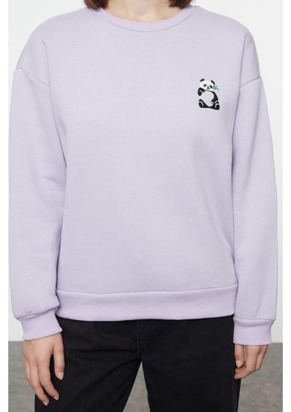 Kadın Bisiklet Yaka Standart Kol Animal Nakışlı Normal Kalıp Kalın Içi Polarlı Örme Sweatshirt