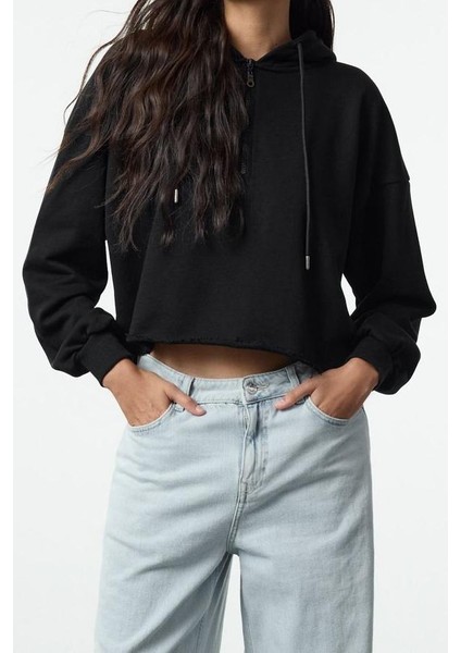 Kadın Relaxed Fermuarlı Yaka Düşük Kol Kalın Içi Polarlı Fermuarlı Crop Örme Sweatshirt modelleri
