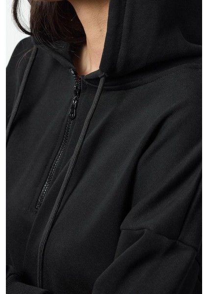 Kadın Relaxed Fermuarlı Yaka Düşük Kol Kalın Içi Polarlı Fermuarlı Crop Örme Sweatshirt fırsatları