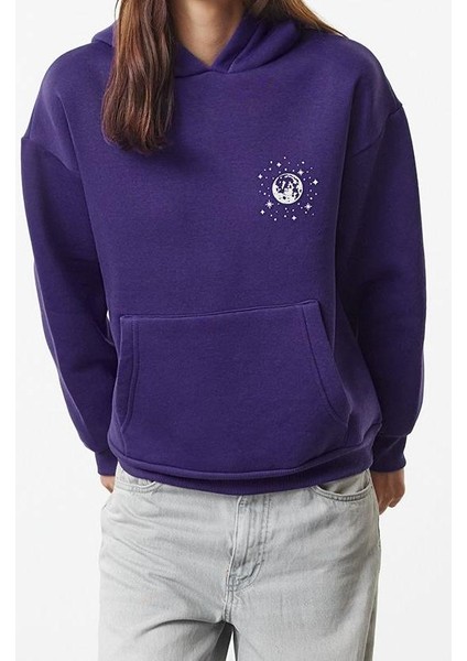 Kadın Moda Şık Bol Kapüşonlu Düşük Kol Uzun Baskılı Geniş Kalıp Kalın Içi Polarlı Örme Sweatshirt