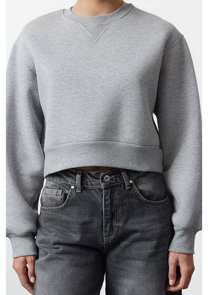 Kadın Bisiklet Yaka Düşük Kol Crop Kalın Polarlı Geniş Kalıp Crop Basic Örme Sweatshirt