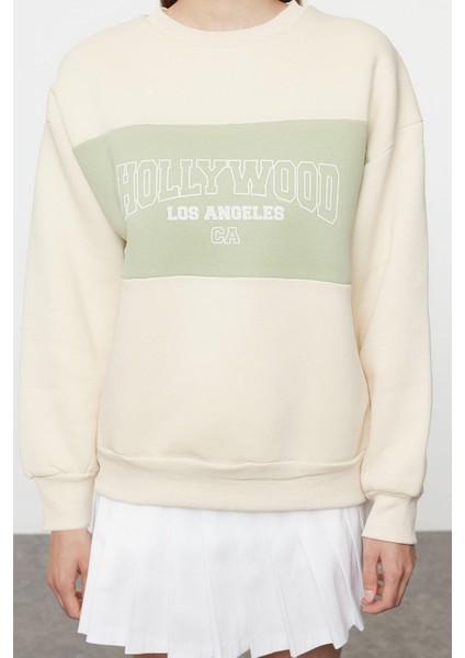 Kadın Bol Bisiklet Yaka Düşük Kol Uzun Açık Slogan Baskılı Kalıp Kalın Içi Polarlı Örme Sweatshirt