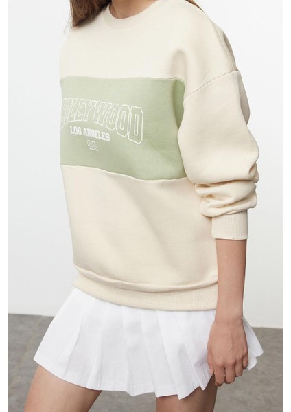 Kadın Bol Bisiklet Yaka Düşük Kol Uzun Açık Slogan Baskılı Kalıp Kalın Içi Polarlı Örme Sweatshirt