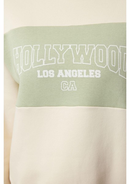 Kadın Bol Bisiklet Yaka Düşük Kol Uzun Açık Slogan Baskılı Kalıp Kalın Içi Polarlı Örme Sweatshirt