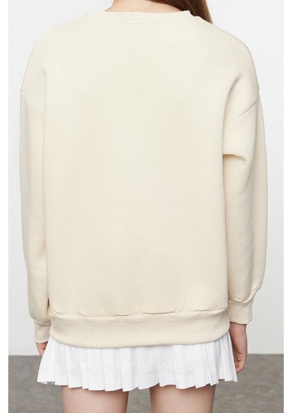 Kadın Bol Bisiklet Yaka Düşük Kol Uzun Açık Slogan Baskılı Kalıp Kalın Içi Polarlı Örme Sweatshirt
