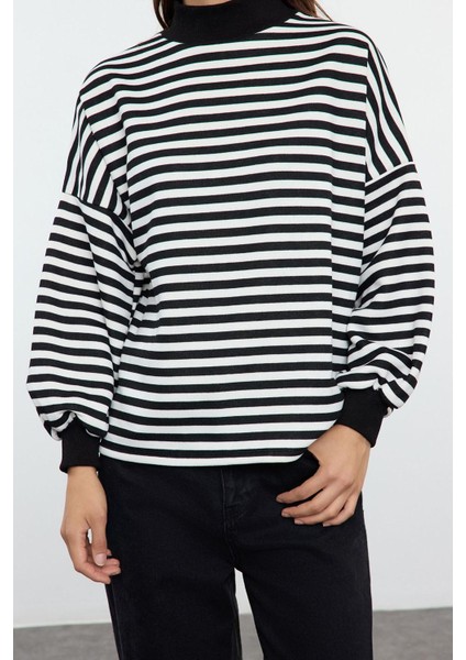 Kadın Oversize Dik Yaka Uzun Basic Çizgili Kalıp Yarım Balıkçı Kalın Polarlı Örme Sweatshirt