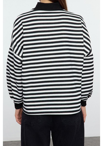 Kadın Oversize Dik Yaka Uzun Basic Çizgili Kalıp Yarım Balıkçı Kalın Polarlı Örme Sweatshirt
