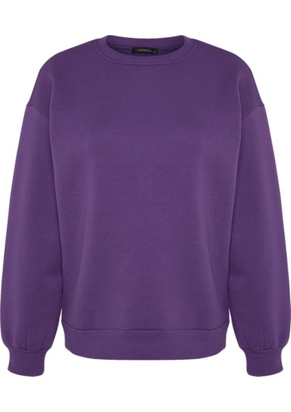 Kadın Moda Oversize Bisiklet Yaka Düşük Kol Uzun Rahat Kesim Basic Kalın Içi Polarlı Örme Sweatshirt