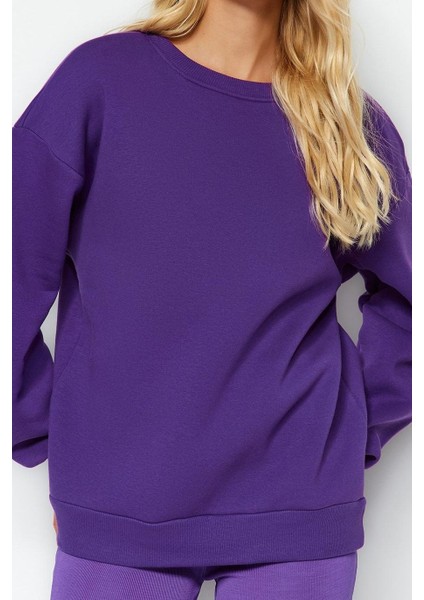 Kadın Moda Oversize Bisiklet Yaka Düşük Kol Uzun Rahat Kesim Basic Kalın Içi Polarlı Örme Sweatshirt