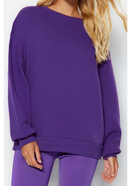 Kadın Moda Oversize Bisiklet Yaka Düşük Kol Uzun Rahat Kesim Basic Kalın Içi Polarlı Örme Sweatshirt