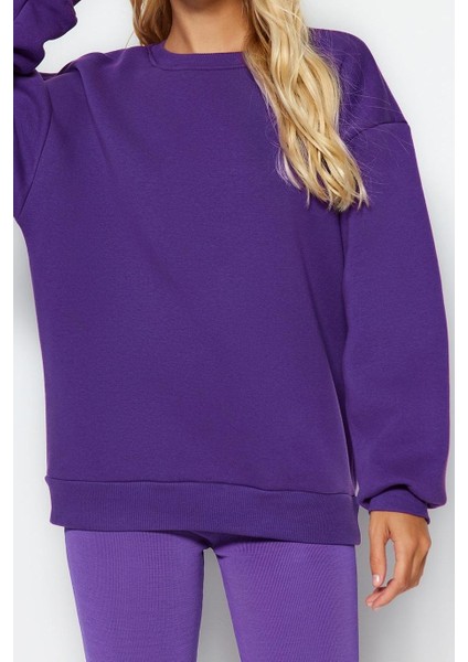 Kadın Moda Oversize Bisiklet Yaka Düşük Kol Uzun Rahat Kesim Basic Kalın Içi Polarlı Örme Sweatshirt