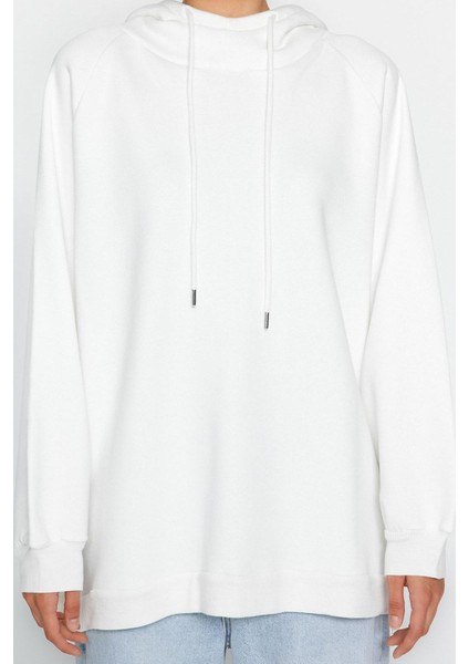 Kadın Moda Şık Bol Kapüşonlu Düşük Kol Uzun Şardonlu Örme Sweatshirt