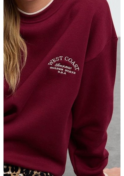 Kadın Moda Bol Bisiklet Yaka Düşük Kol Uzun Slogan Nakışlı Kalıp Kalın Içi Polarlı Örme Sweatshirt