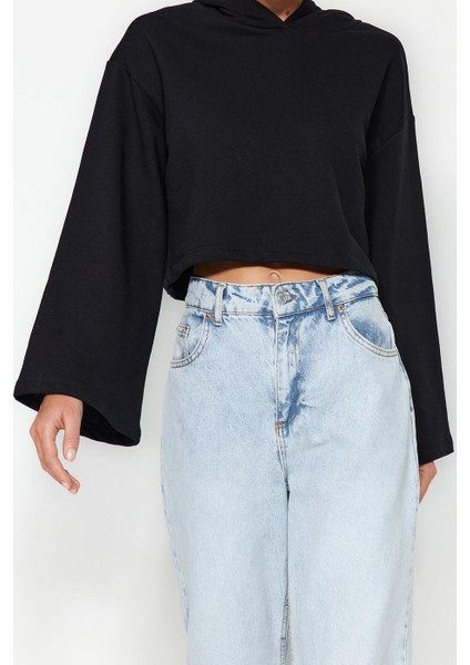 Kadın Kapüşonlu Ispanyol Kol Crop Kalın Polarlı Rahat Kesim Crop Ispanyol Kol Örme Sweatshirt