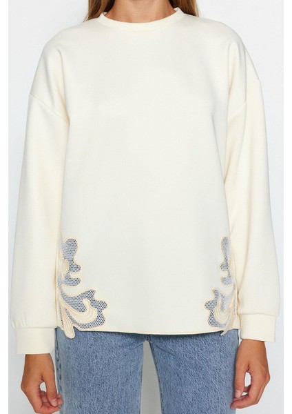 Kadın Tesettür Bisiklet Yaka Standart Kol Dantel Detaylı Dalgıç Scuba Örme Sweatshirt