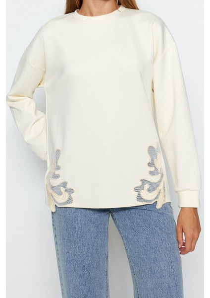 Kadın Tesettür Bisiklet Yaka Standart Kol Dantel Detaylı Dalgıç Scuba Örme Sweatshirt fiyatları