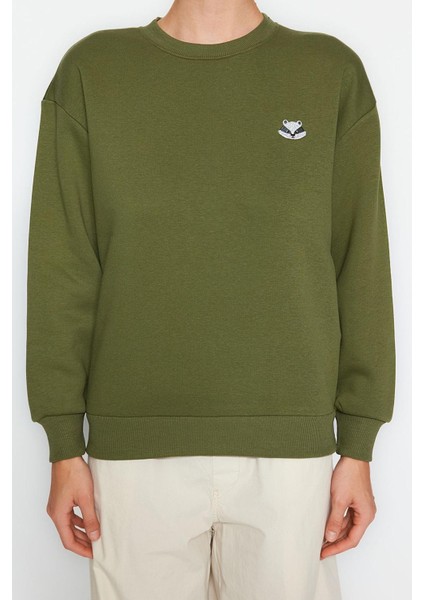 Kadın Bisiklet Yaka Standart Kol Animal Nakışlı Normal Kalıp Kalın Içi Polarlı Örme Sweatshirt