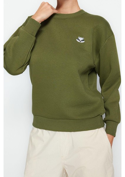 Kadın Bisiklet Yaka Standart Kol Animal Nakışlı Normal Kalıp Kalın Içi Polarlı Örme Sweatshirt