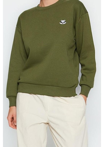 Kadın Bisiklet Yaka Standart Kol Animal Nakışlı Normal Kalıp Kalın Içi Polarlı Örme Sweatshirt