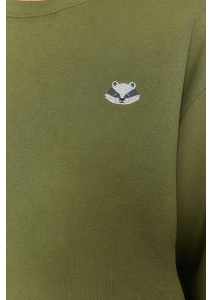 Kadın Bisiklet Yaka Standart Kol Animal Nakışlı Normal Kalıp Kalın Içi Polarlı Örme Sweatshirt