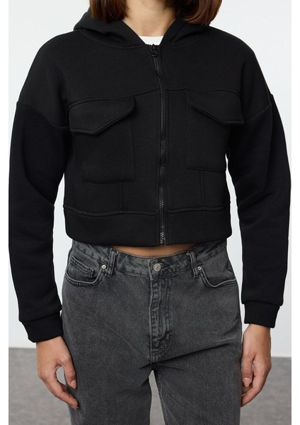 Kadın Kapüşonlu Standart Kol Rahat Kesim Crop Cep Detaylı Kalın Içi Polarlı Örme Sweatshirt