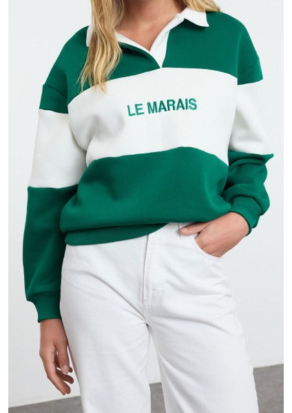 Kadın Polo Yaka Düşük Kol Kalın Polarlı Normal Kalıp Nakışlı Polo Yaka Örme Sweatshirt