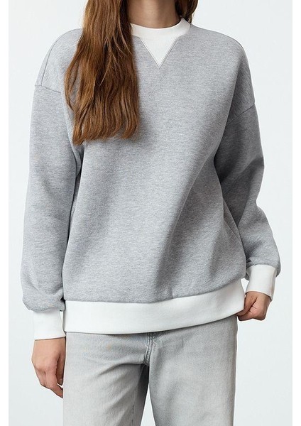 Kadın Moda Şık Bol Dik Yaka Düşük Kol Uzun Geniş Kalıp Kalın Örme Sweatshirt